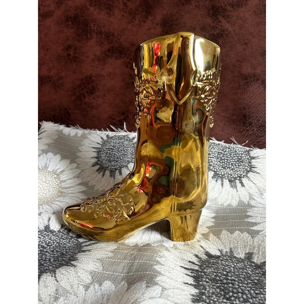 Metallic Gold Cowboy Boot Ceramic Vase Western Floral Embossed Decorative Accent